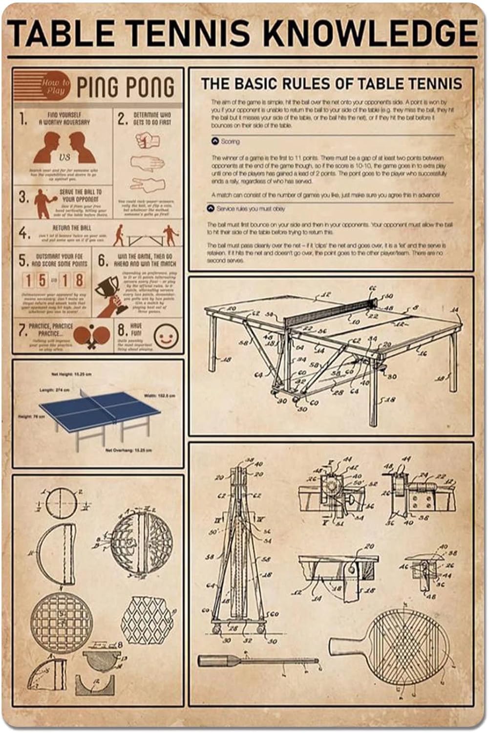Table Tennis Knowledge Poster - Letrero Metálico de Tenis de Mesa,